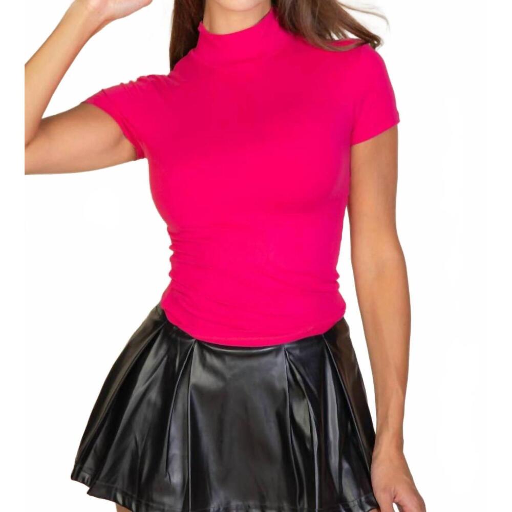 NEW CAPELLA solid mock neck short sleeve top in fuchsia